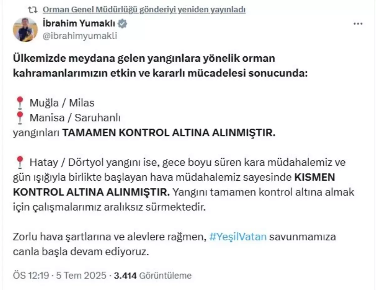Orman Yangınları Kontrol Altına Alındı