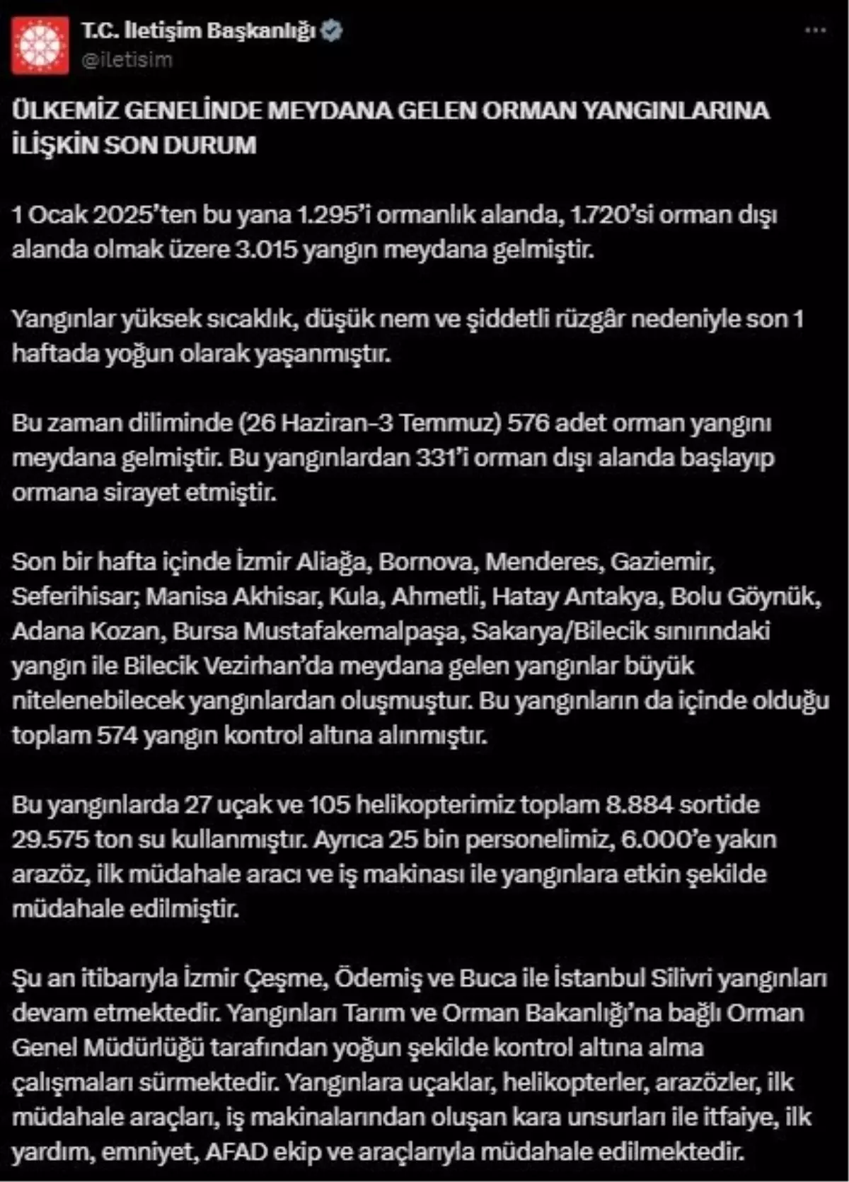 Son 1 Haftada 576 Orman Yangını